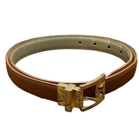 Michael Kors Gold LOGO Belt Women Waist 32"-36" Reversible FLAW on Brown Side - Picture 3 of 10
